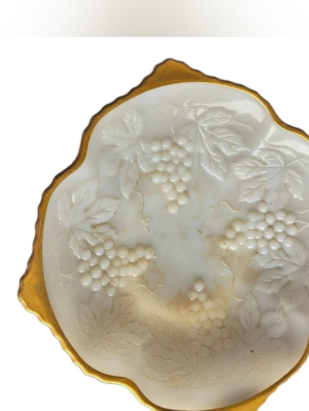 Vintage Milk Glass Grape Pattern Bowl with Gold Trim
